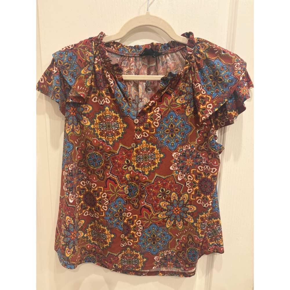 Flower & Feather Top Ruffled Sleeve Blouse Bohemian Button Detail Woman's Size M